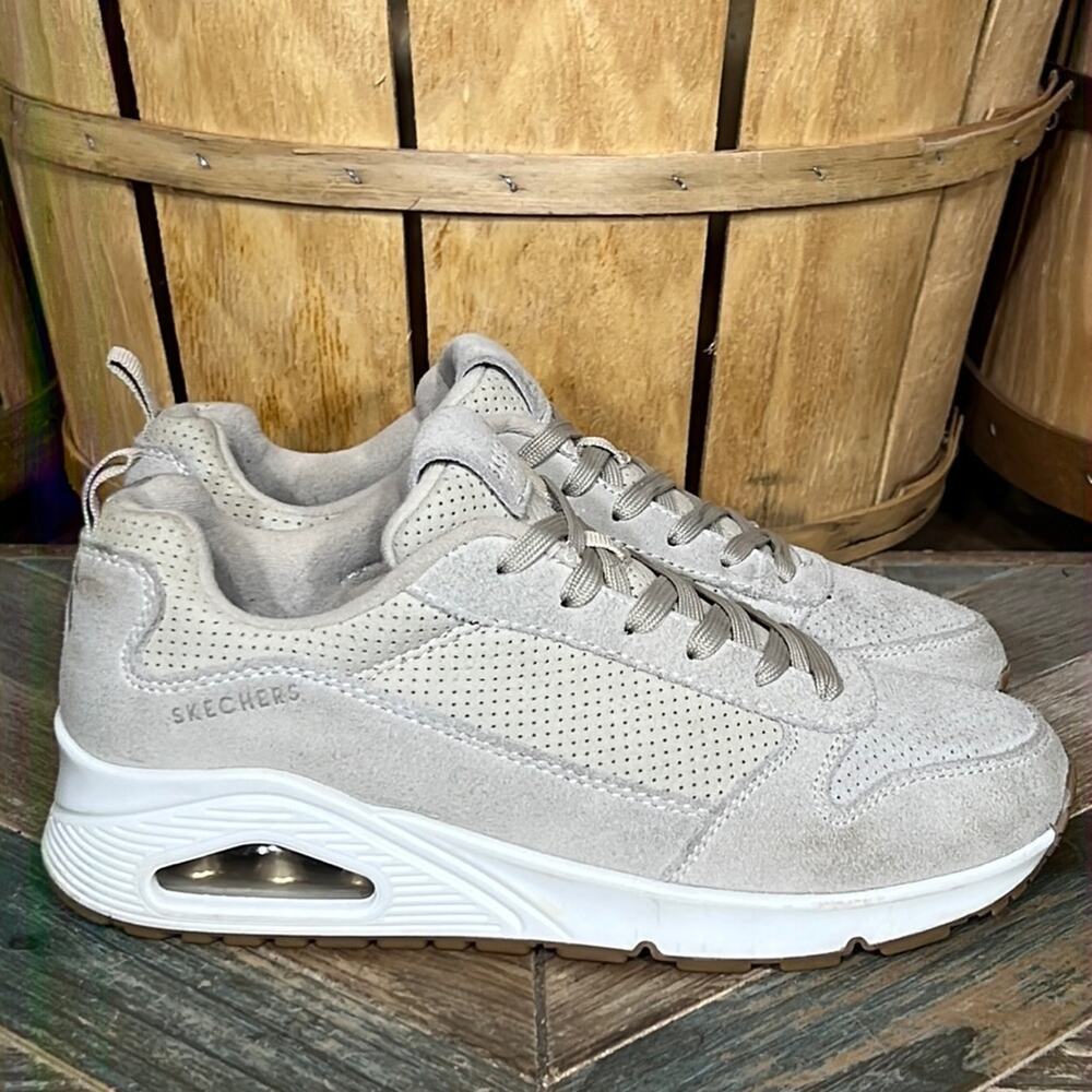 Skechers Uno Two for the Show Air Tan Beige Suede Comfort Sneaker Women Size 7.5
